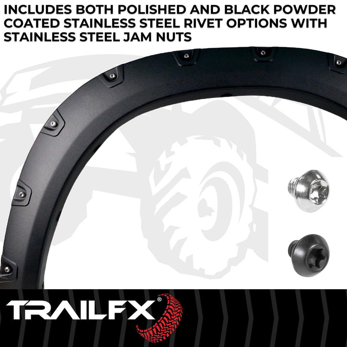 TRAILFX TFD3002T TrailFX Fender Flares for Ram 1500 2011-2018 Pocket Style Black Textured Paintable Polypropylene Set of 4 with Stainless and Black Steel Rivets TrailFX TFD3002T