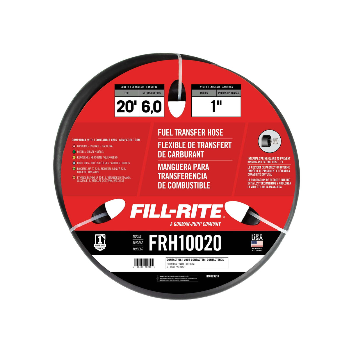 FILL RITE FRH10020 Fill-Rite FRH10020 1"" x 20' Retail Hose Designed for Use with All Electric Pumps - 1 Each