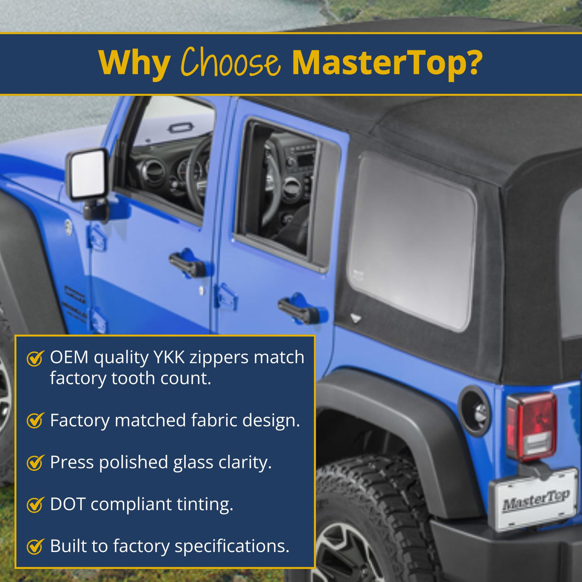 MASTERTOP 16011935 MasterTop Soft Top Replacement Quarter Window, Driver Side - Fits Jeep Wrangler JK 2007-2018 - Compatible with Mopar Factory Soft Tops (Fits 07-18 4-Door, Black Diamond)