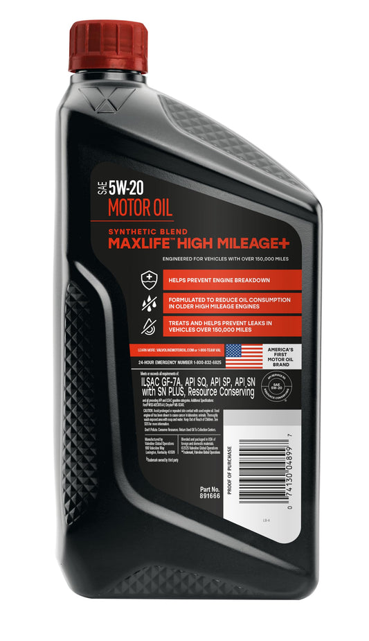 VALVOLINE 891666 Valvoline High Mileage 150K with MaxLife Plus Technology 5W-20 Motor Oil 1 Quart