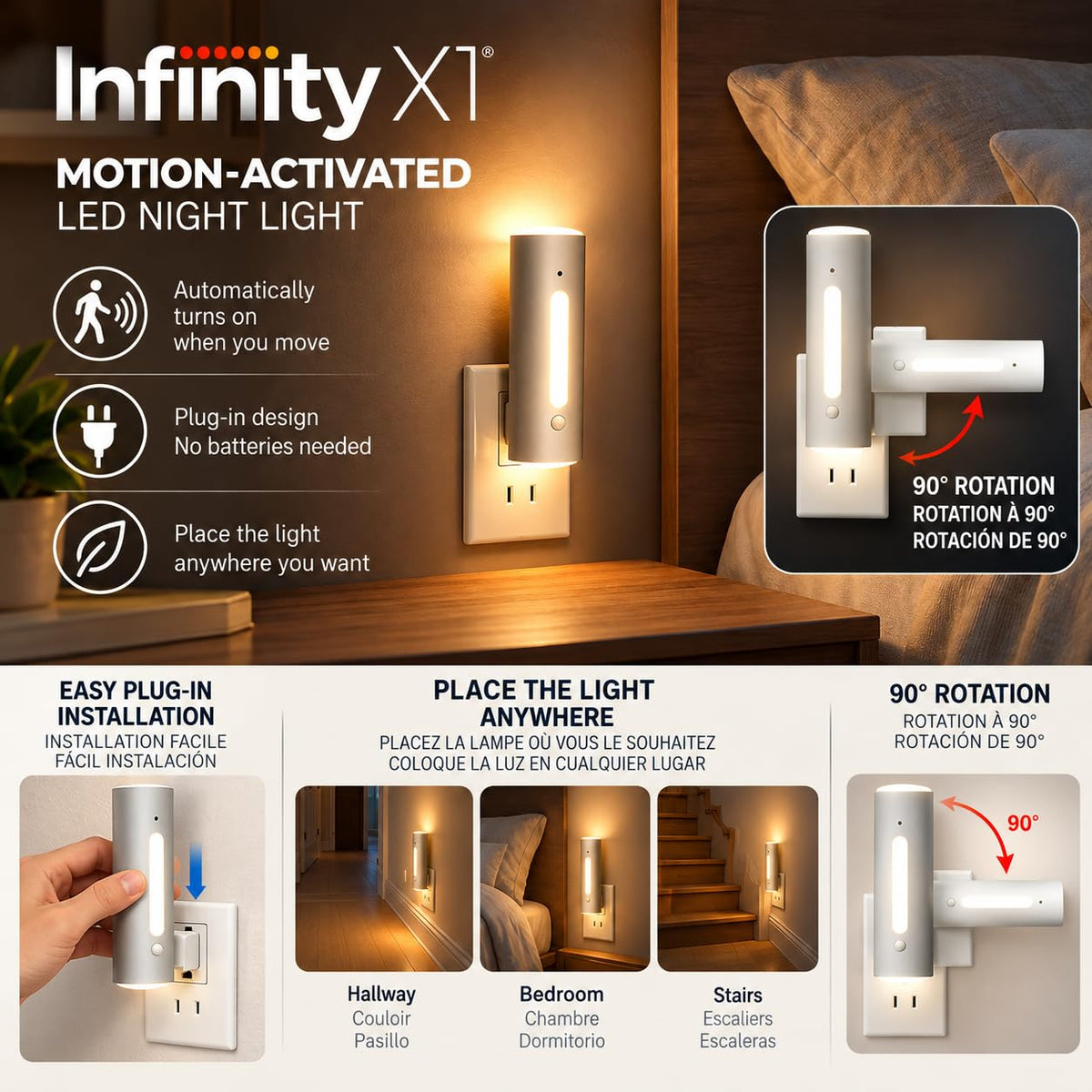 Infinity X1 Infinity X1 Power-Failure Motion-Activated Rechargeable Night Light with USB-C Output, 3-Pack