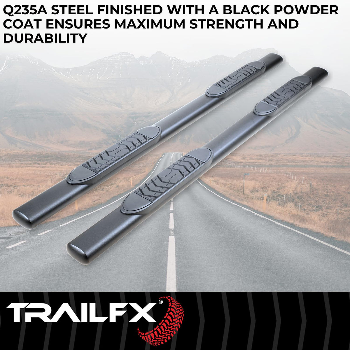 TRAILFX A7102T Trail FX Side Step Bars 5 Inch Oval Straight Nerf Bars with Step Pads and Bed Step Fits 2024-2025 Toyota Tacoma Black Powder-Coated Steel Rocker Panel Mount Bolt On Installation TrailFX A7102T