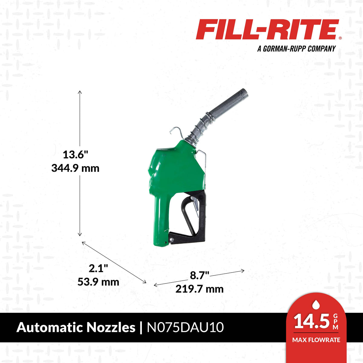 FILL RITE N075DAU10 Fill-Rite N075DAU10 3/4"" Auto Nozzle with Hook Diesel Green 2.5-14.5 GPM End of Delivery Hose - 1 Each