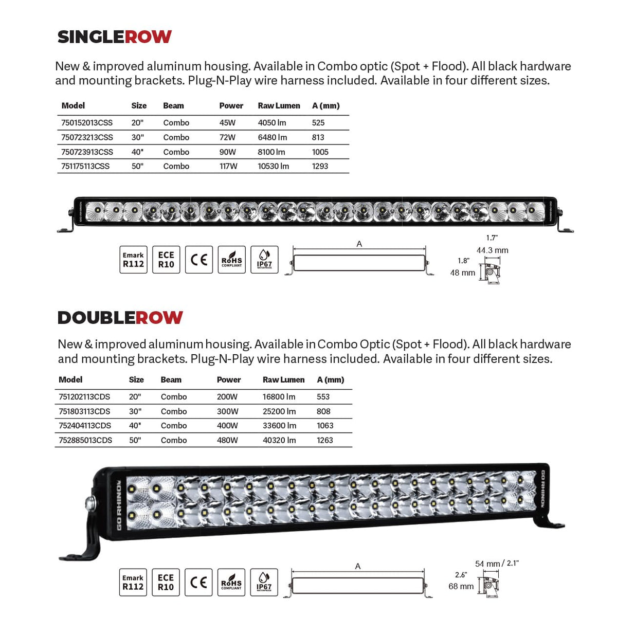 Go Rhino! 752404113CDS Go Rhino Xplor Lighting: Bright Series 41.5" Double Row LED Light Bar – Side & Track Mount, Aluminum, Black – 752404113CDS