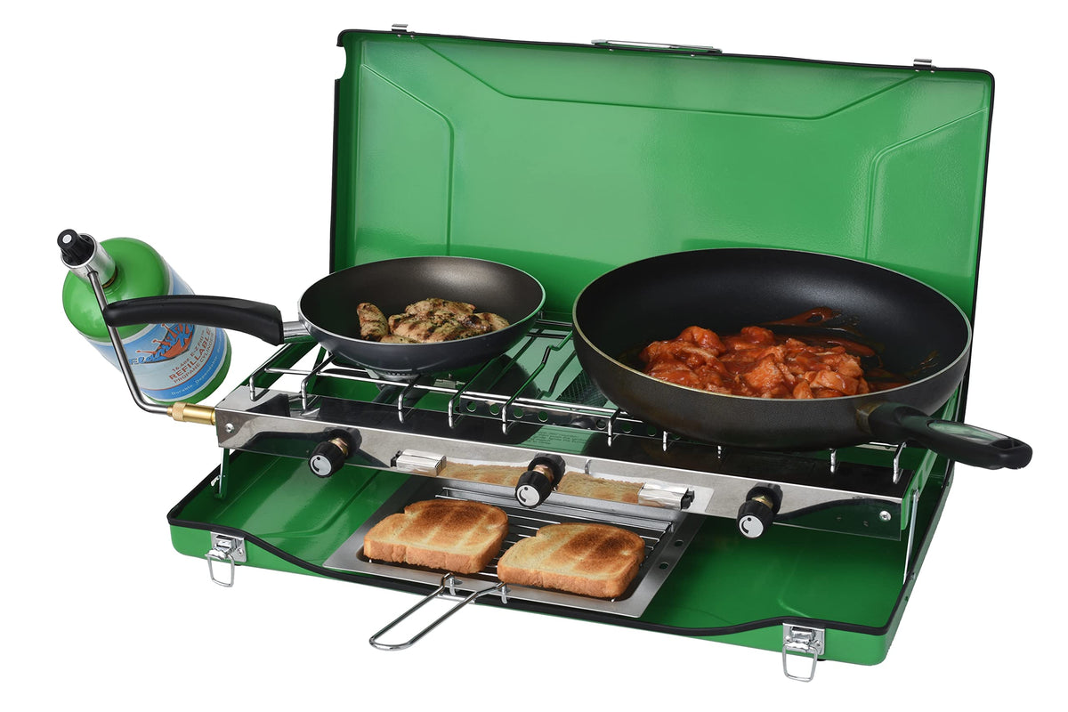 FLAME KING YSNBBQ-136M Flame King YSNBBQ-136M 3-Burner Portable Camping Stove Grill w/Toast Tray, Great for Outdoor Cooking, Backpacking, Hiking, & Emergency, Compatible with 1LB Propane Gas Bottle