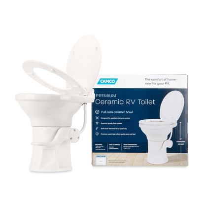 CAMCO 41715 Camco Premium Ceramic Camper/RV Toilet - Features Gravity Flush System w/Convenient Foot Pedal - Full-Sized Ergonomic Design w/18 Chair Height - Soft-Close Wood Seat & Lid - Bone (41715)