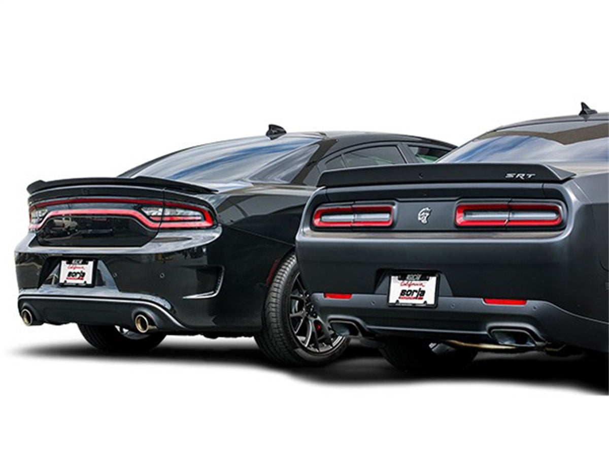 BORLA 140648 BORLA 140648 Cat-Back Sys. for '15-'23 Dodge Challenger SRT Hellcat 6.2L V8 AT/MT RWD With MDS (cyl. deact.) Valves. BORLA Has Valve Simulators. BORLA Does NOT Include Tips Use Factory Bezel/Valance.