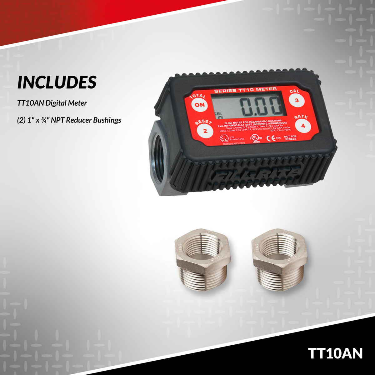 FILL RITE TT10AN Fill-Rite TT10AN 1" 2-35 GPM(8-132 LPM) Digital In-line Turbine Meter, Aluminum, Fuel Transfer Meter,Black/Red