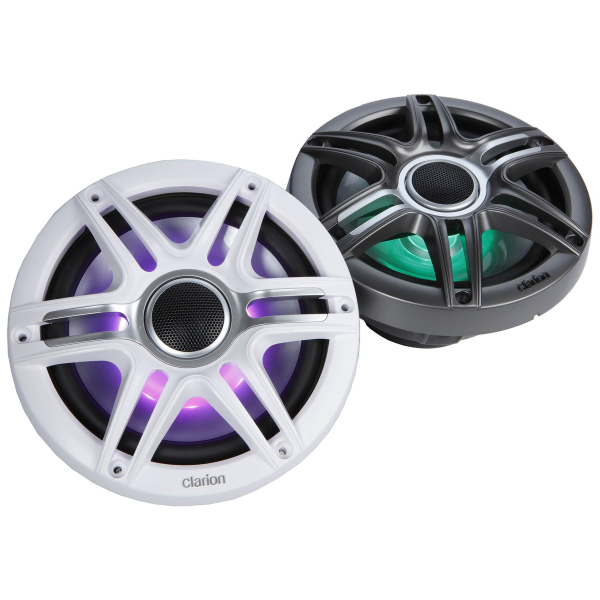 CLARION 010-03049-00 Clarion CMSP-771RGB-SWG Premium 7.7-inch Coaxial Marine Speakers with Built-in RGB Illumination, 60W RMS, with White & Gray Metallic Grilles