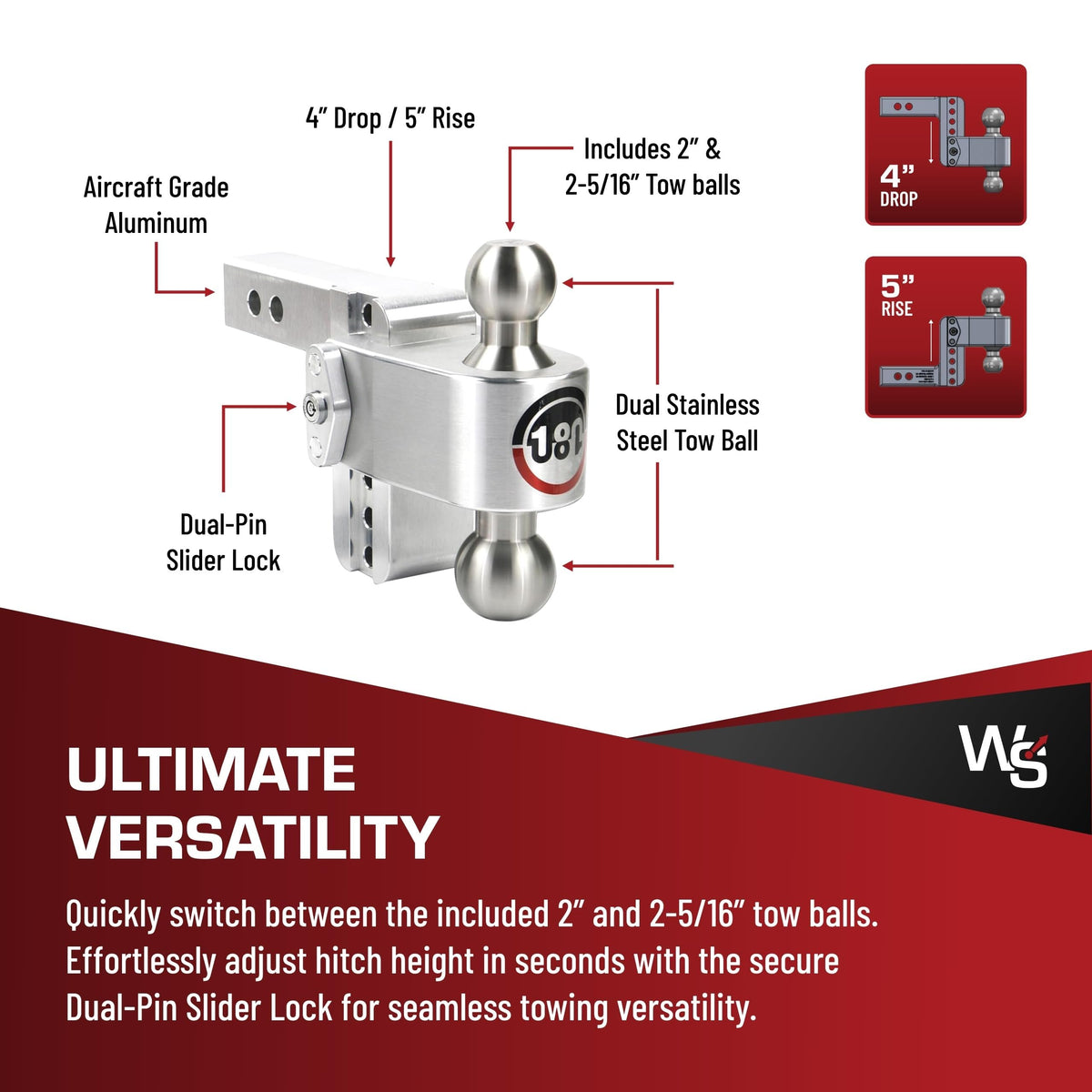WEIGH SAFE LTB4-2 Weigh Safe Adjustable Trailer Hitch Ball Mount - 4" Adjustable Drop Hitch for 2" Receiver - Premium Heavy Duty Aluminum Trailer Tow Hitch w/ Stainless Steel Tow Balls (2" & 2 5/16") - 12,500 lbs GTW