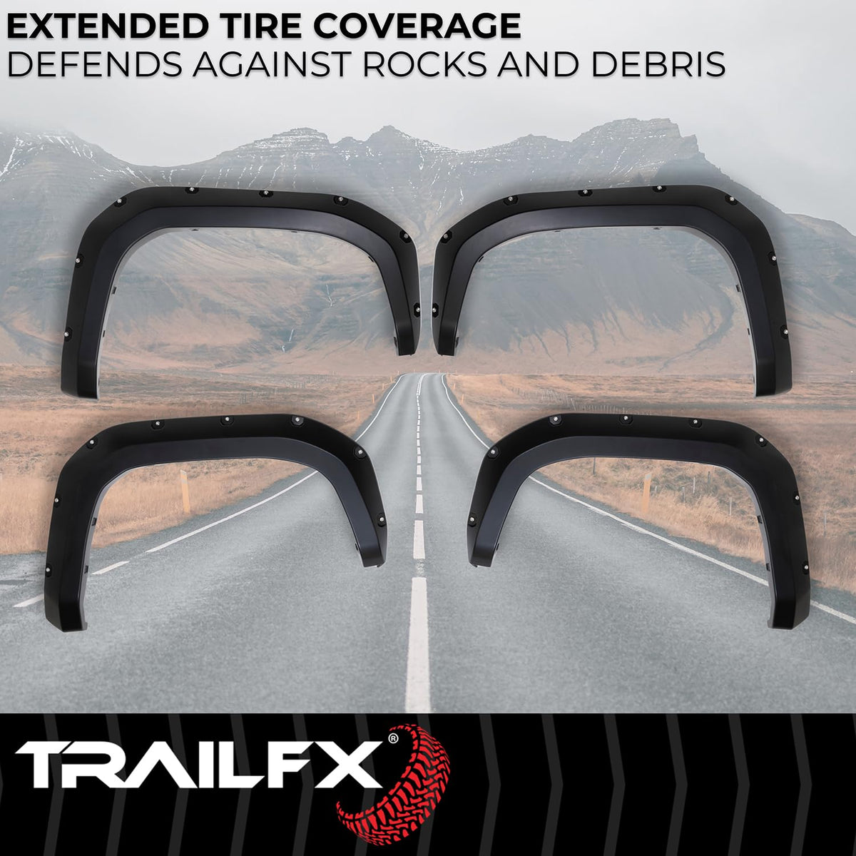 TRAILFX TFT3005S TrailFX Fender Flare TFT3005S, Pocket Style, 2.8 Inch Front/ 5.9 Inch Rear Tire Coverage, Black Smooth Paintable Finish, Set of 4, Fits 2024-2026 Toyota Tacoma