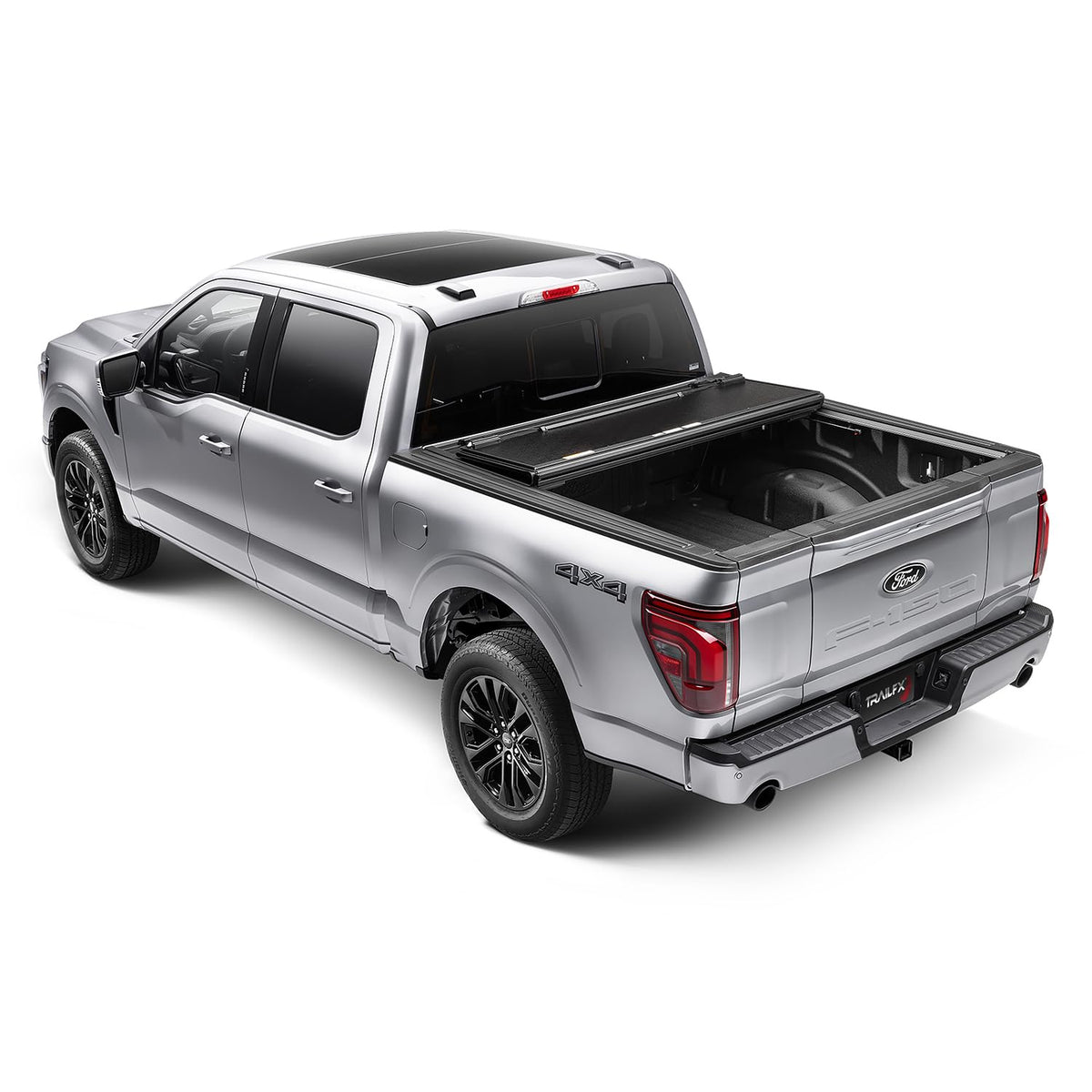 TRAILFX TFX8001 TrailFX Hard Tri-Fold Tonneau Cover Fits 2021-2025 Ford F-150 6.5 Foot Bed Hard Folding Cover 3 Folds 3 Panels Lockable Tailgate Handle Gloss Black Textured Aluminum Clamp-On Installation