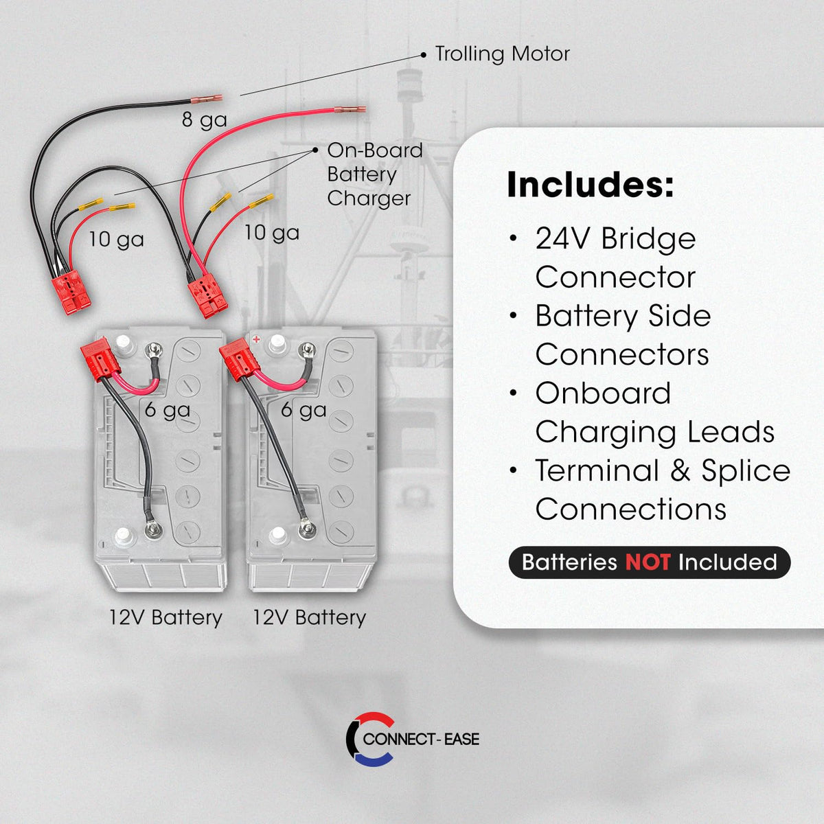 CONNECT EASE RCE24VBCHK Connect-Ease 24V Trolling Motor Connection Kit RCE24VBCHK | Series Connection for 12V Batteries with Onboard Charging Charger Leads | Marine-Grade Components | Plug & Play | Batteries Not Included