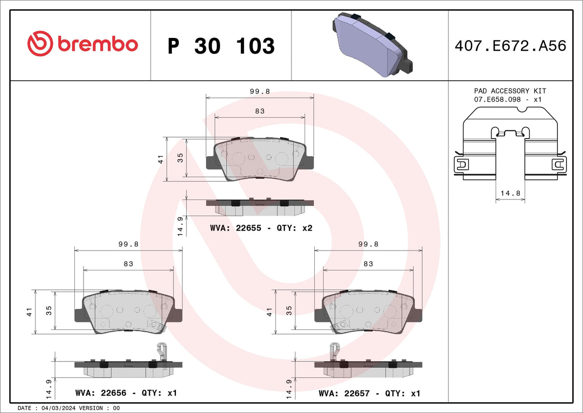 BREMBO P30103 Brake Pad Set for Motorcycle, disc brake BREMBO P 30 103 Rear axle with wear indicator