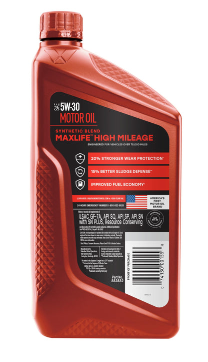 VALVOLINE VV1556 Valvoline MaxLife High Mileage 5W-30 Synthetic Blend Motor Oil 1 Quart, Pack of 6