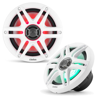 CLARION 010-03046-00 Clarion CMS-651RGB-SWB 6.5-inch Coaxial Marine Speakers with Built-in RGB Illumination 30W RMS Power handling 1/2-inch (13 mm) Polymer Dome Tweeter Includes White & Black Sport Grilles