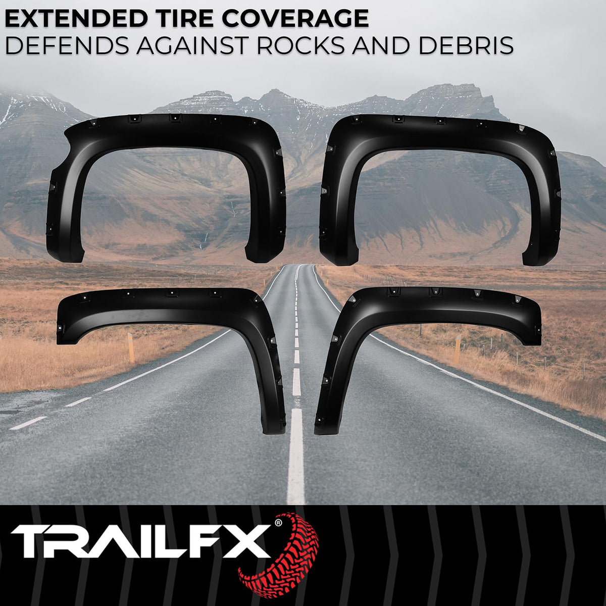 TRAILFX TFC3003S TrailFX Pocket Style Fender Flares for Chevrolet Silverado 1500 5.7 Foot Bed 2007-2013 Black Smooth Paintable Polypropylene Set of 4 with Stainless and Black Steel Rivets TrailFX TFC3003S