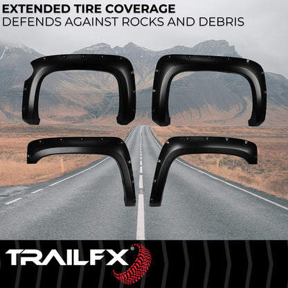 TRAILFX TFC3003S TrailFX Pocket Style Fender Flares for Chevrolet Silverado 1500 5.7 Foot Bed 2007-2013 Black Smooth Paintable Polypropylene Set of 4 with Stainless and Black Steel Rivets TrailFX TFC3003S