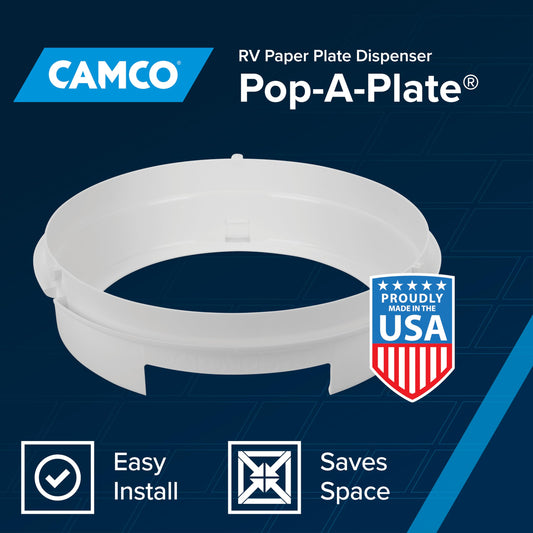 CAMCO 57001 Camco Pop-A-Plate Plastic Plate Dispenser - Measures 10.2" Diameter x 2.6" Tall - Holds 9" Paper Plates - Ideal for Compact Spaces, RVs and Trailers - Mounts Under Cabinets or Shelves - White (57001)