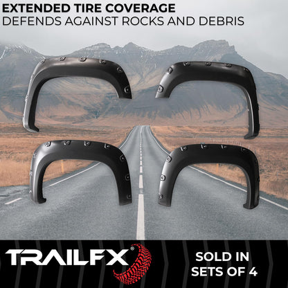 TRAILFX TFG3001S TrailFX Fender Flares Fits GMC Sierra 1500 2007-2013 Pocket Style Black Smooth Paintable Plastic Set of 4 Fender Flares with Stainless and Black Steel Rivets TrailFX TFG3001S