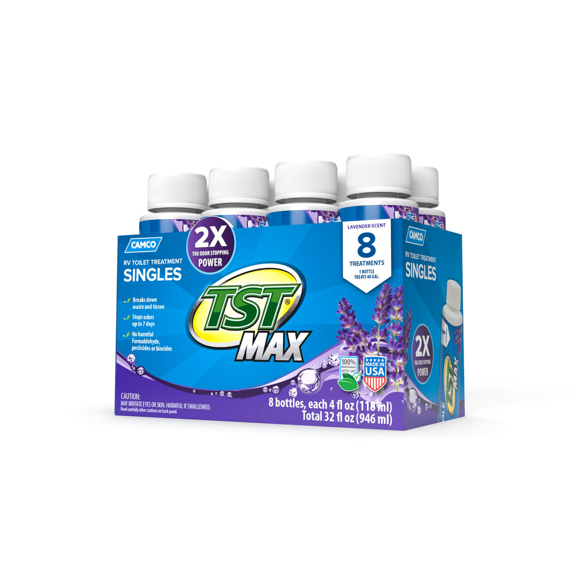 CAMCO 41551 Camco TST MAX RV Toilet Treatment - Formaldehyde Free - Breaks Down Waste And Tissue - Septic Tank Safe - Treats up to 8-40 Gallon Holding Tanks -Lavender Scent, (8) 4 oz Bottles (41551)