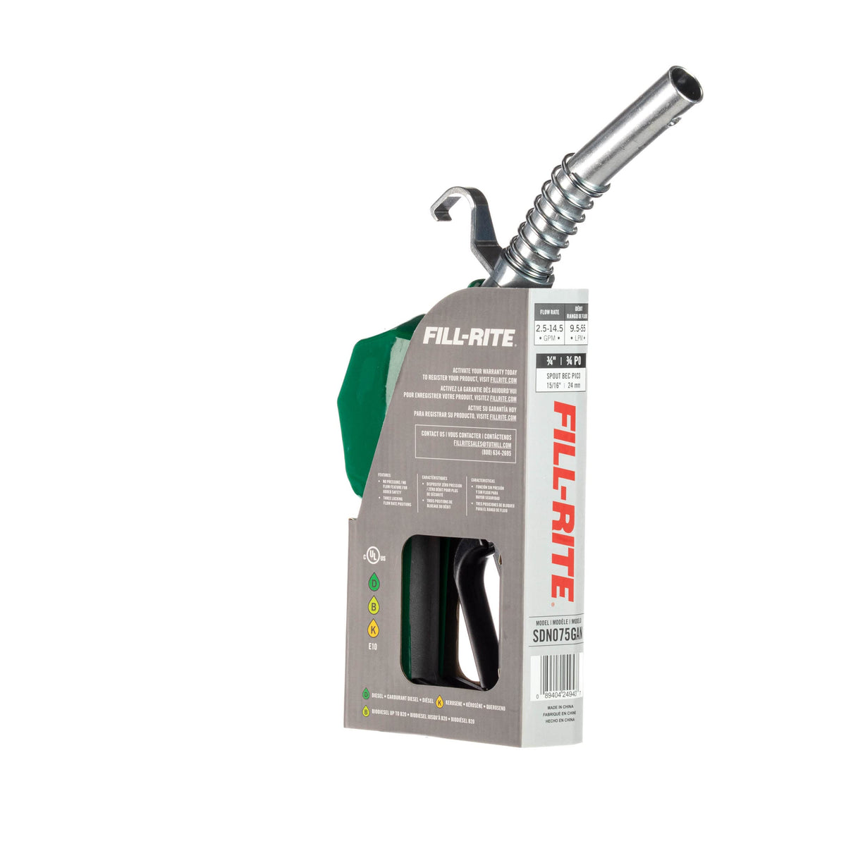 FILL RITE SDN075GAN Fill-Rite SDN075GAN ¾" 3 to 15 GPM Automatic Standard Duty Fuel Transfer Nozzle, Green - For Gasoline, Diesel, Biodiesel up to B20, E15 & Kerosene