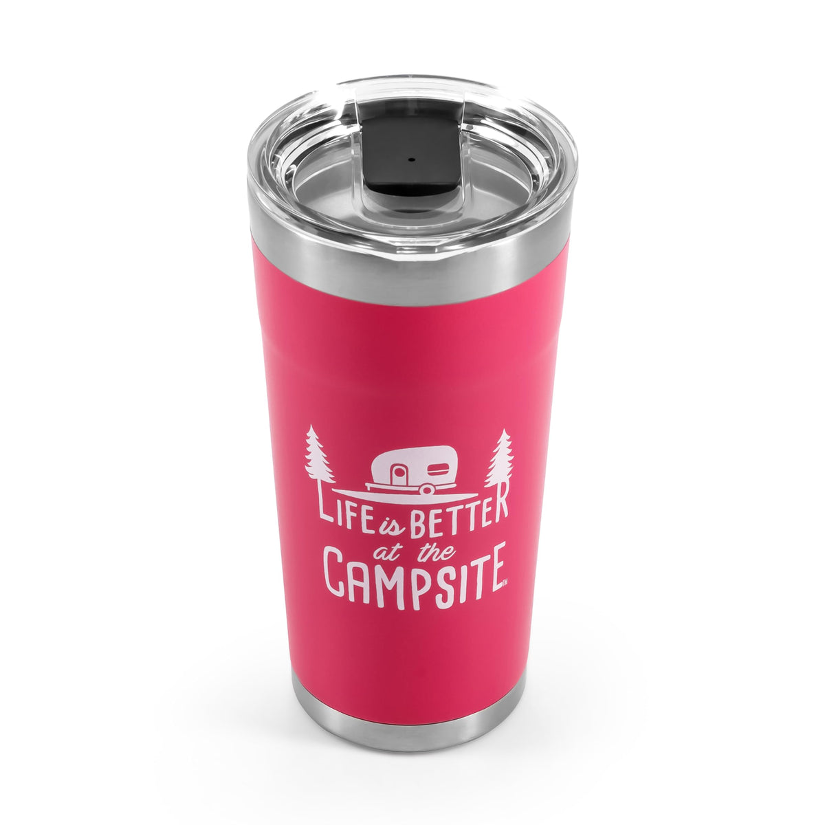 CAMCO 53061 Camco Life is Better at The Campsite Tumbler | Heavy Duty Double Wall Vacuum Insulation | Crafted of 18/8 Stainless Steel | Unique “Life is Better at The Campsite” Design on Coral Pink | 20-oz (53061)