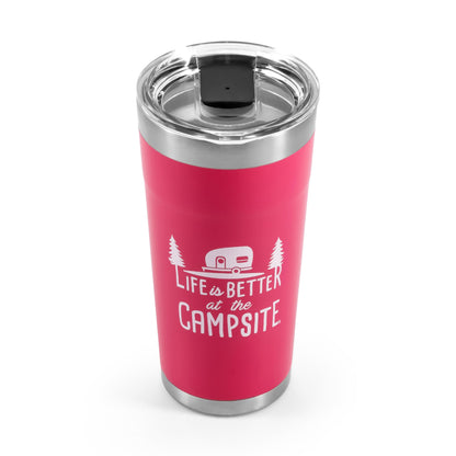 CAMCO 53061 Camco Life is Better at The Campsite Tumbler | Heavy Duty Double Wall Vacuum Insulation | Crafted of 18/8 Stainless Steel | Unique “Life is Better at The Campsite” Design on Coral Pink | 20-oz (53061)