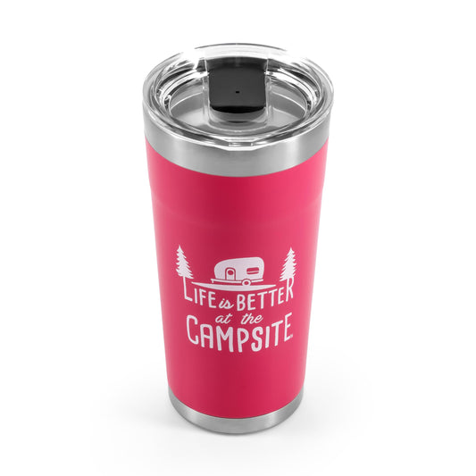 CAMCO 53061 Camco Life is Better at The Campsite Tumbler | Heavy Duty Double Wall Vacuum Insulation | Crafted of 18/8 Stainless Steel | Unique “Life is Better at The Campsite” Design on Coral Pink | 20-oz (53061)