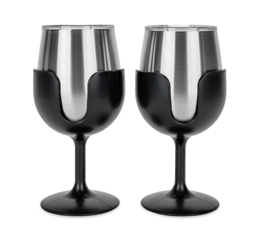 CAMCO 53485 Camco Life is Better at The Campsite Wine Tumbler – Heavy Duty Double Wall Vacuum Insulation – Crafted of 18/8 Stainless Steel – Features Removable Black Stems – 2-Pk, 8-oz/Each (53485)