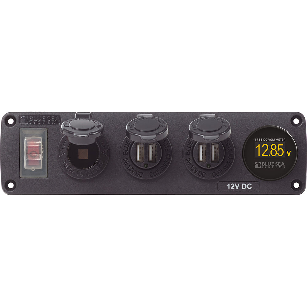 Blue Sea Systems 4368 Blue Sea 4368 Water Resistant USB Accessory Panel - 12V Socket, 2x 2.1A Dual USB Chargers, Mini Voltmeter