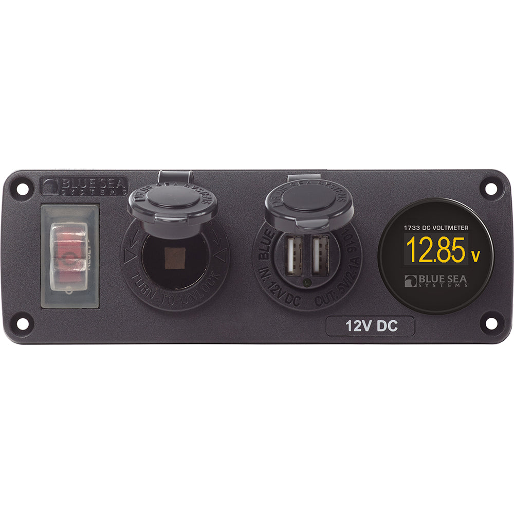 Blue Sea Systems 4366 Blue Sea 4366 Water Resistant USB Accessory Panel - Circuit Breaker, 12V Socket, Dual USB Charger, Mini Voltmeter