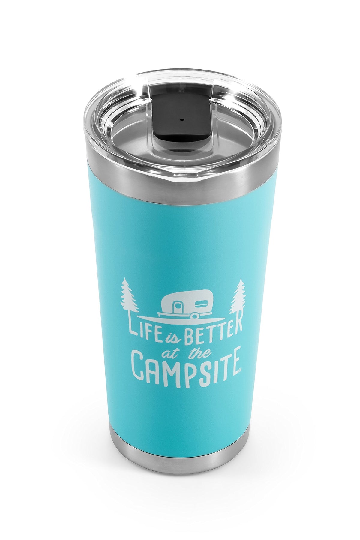 CAMCO 53057 Camco Life is Better at The Campsite Tumbler | Heavy Duty Double Wall Vacuum Insulation | Crafted of 18/8 Stainless Steel | Unique “Life is Better at The Campsite” Design on Cool Blue | 20-oz (53057)