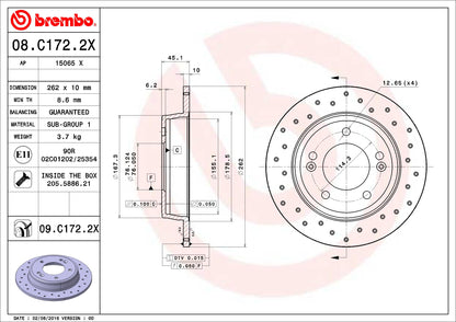 BREMBO 08C1722XC02 Brembo 08.C172.2X Xtra UV Coated solid drilled Rear Brake Rotor HYUNDAI/HYUNDAI (BEIJING)/INOKOM/KIA/KIA (DYK)/NAZA OE# 58411A6300