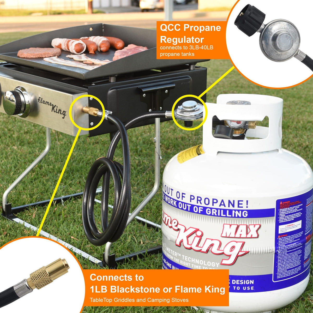 FLAME KING FK-GRD-REGHS6FT Flame King 6-FT Propane Adapter Hose & Regulator for 20LB Tank for 17"/22" Blackstone Tabletop Grill Griddle, Weather Resistant & Corrosion Resistant