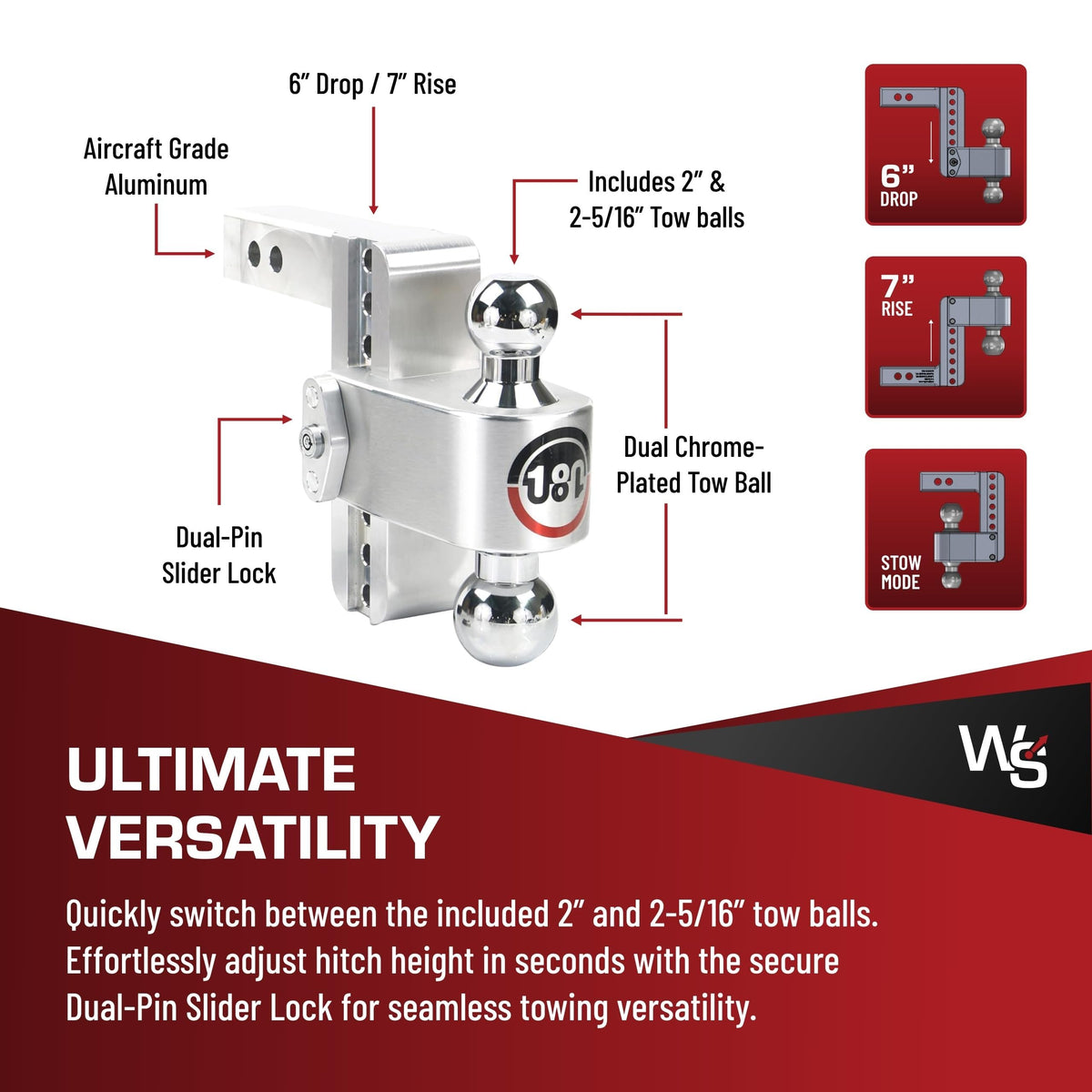 WEIGH SAFE CTB6-2-KA Weigh Safe Adjustable Trailer Hitch Ball Mount, 6" Adjustable Drop Hitch for 2" Receiver w/ 2 pc Keyed Alike Lock Set, Heavy Duty Aluminum Trailer Tow Hitch w/ Chrome Plated Tow Balls, 12,500 lbs GTW