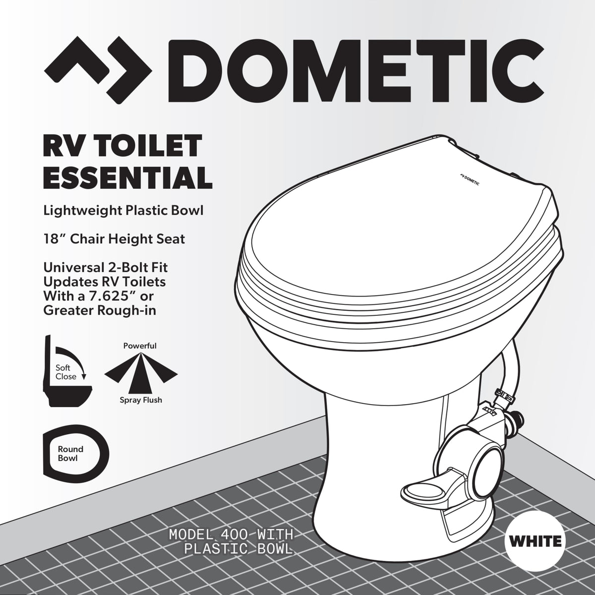 DOMETIC 9610008275 Dometic Model 400 Essential RV Toilet – Round Lightweight Plastic Bowl, Universal Fit & 2-Bolt Mount, 18" Chair Height Residential Style, Gravity Flush Toilet with Soft-Close Seat, White (9610008275)