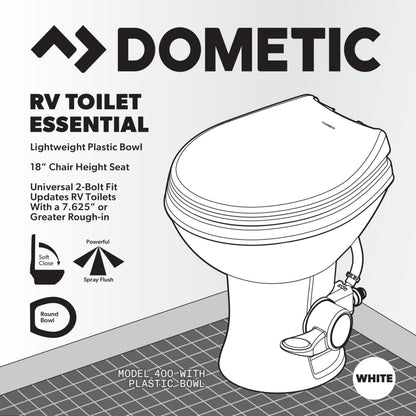 DOMETIC 9610008275 Dometic Model 400 Essential RV Toilet – Round Lightweight Plastic Bowl, Universal Fit & 2-Bolt Mount, 18" Chair Height Residential Style, Gravity Flush Toilet with Soft-Close Seat, White (9610008275)