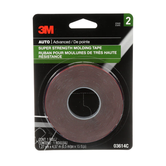 3M 03614 3M Super-Strength Molding Tape, 1/2 in x 15 ft, High Double-Sided Adhesive, Permanently Attaches Side Moldings, Trim and Emblems to Interior and Exterior of Vehicles (03614)
