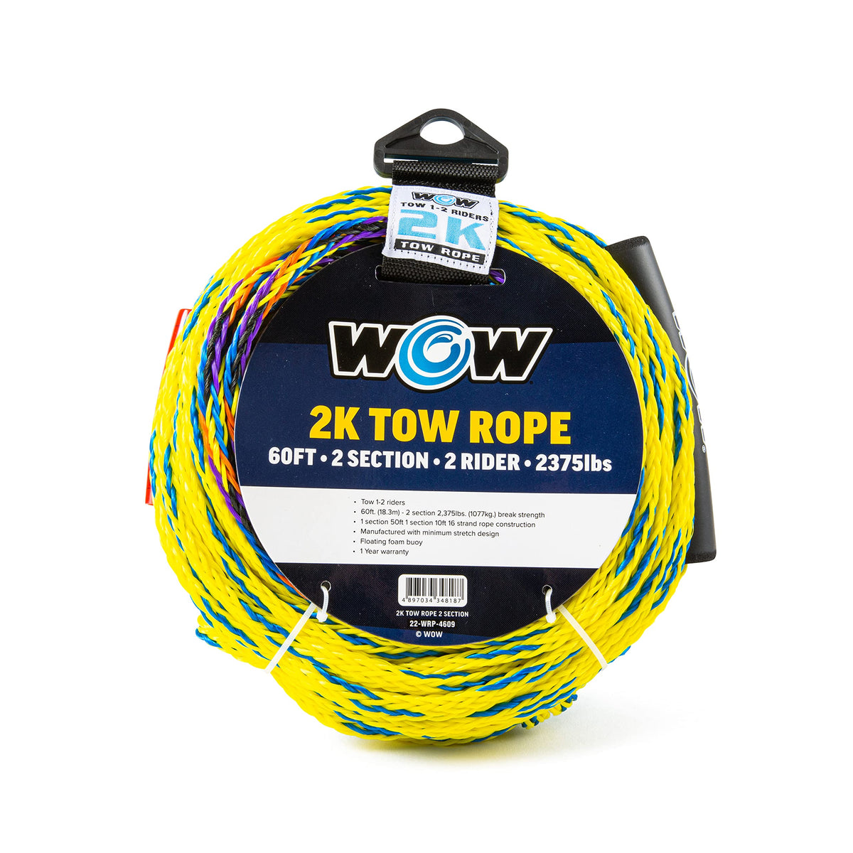WOW SPORTS 22-WRP-4609 WOW Sports - Tow Rope for Towables - Must Have Boat Accessory - Heavy Duty 16 Strand Design - 60 ft - 2-Section - UV Treated - W/Floating Rubber Handle 2K