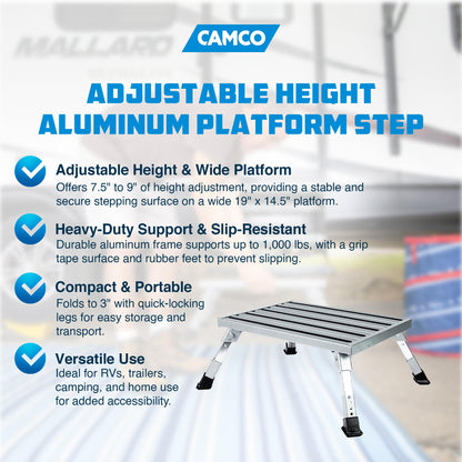 CAMCO 43676 Camco Folding Aluminum Step Stool, Adjustable Height for RV and Trailers, Silver - Lightweight, Foldable, and Heavy-Duty Stepping Platform for Home and Camping