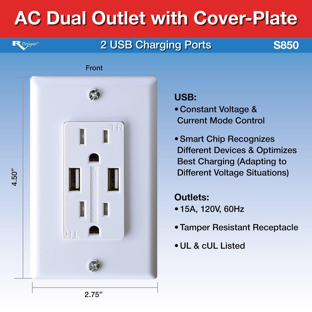 RV DESIGNER S850 RV Designer S850 Dual AC Outlet w/Cover Plate & 2 USB Charging Ports White