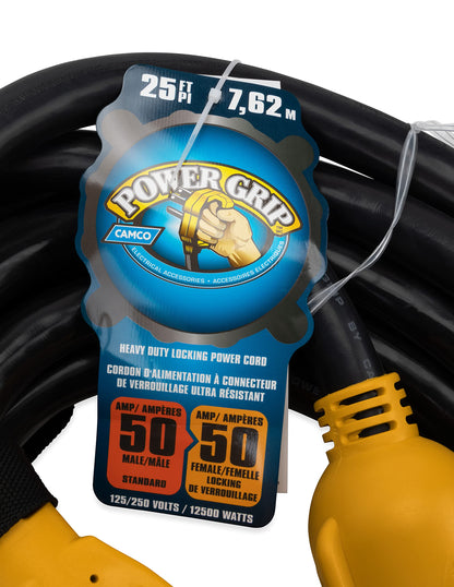 CAMCO 55542 Camco PowerGrip 25-Foot 50-Amp RV Extension Cord | Features a 50-Amp Standard Male Connector, a 50-Amp Locking Female Connector, and is Rated for 125/250 Volts/12500 Watts (55542)