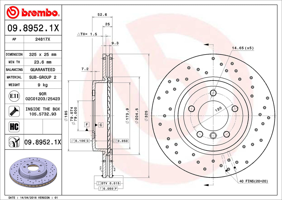 BREMBO 0989521XC02 Brembo 09.8952.1X Xtra UV Coated vented drilled Front Brake Rotor BMW OE# 34116855156