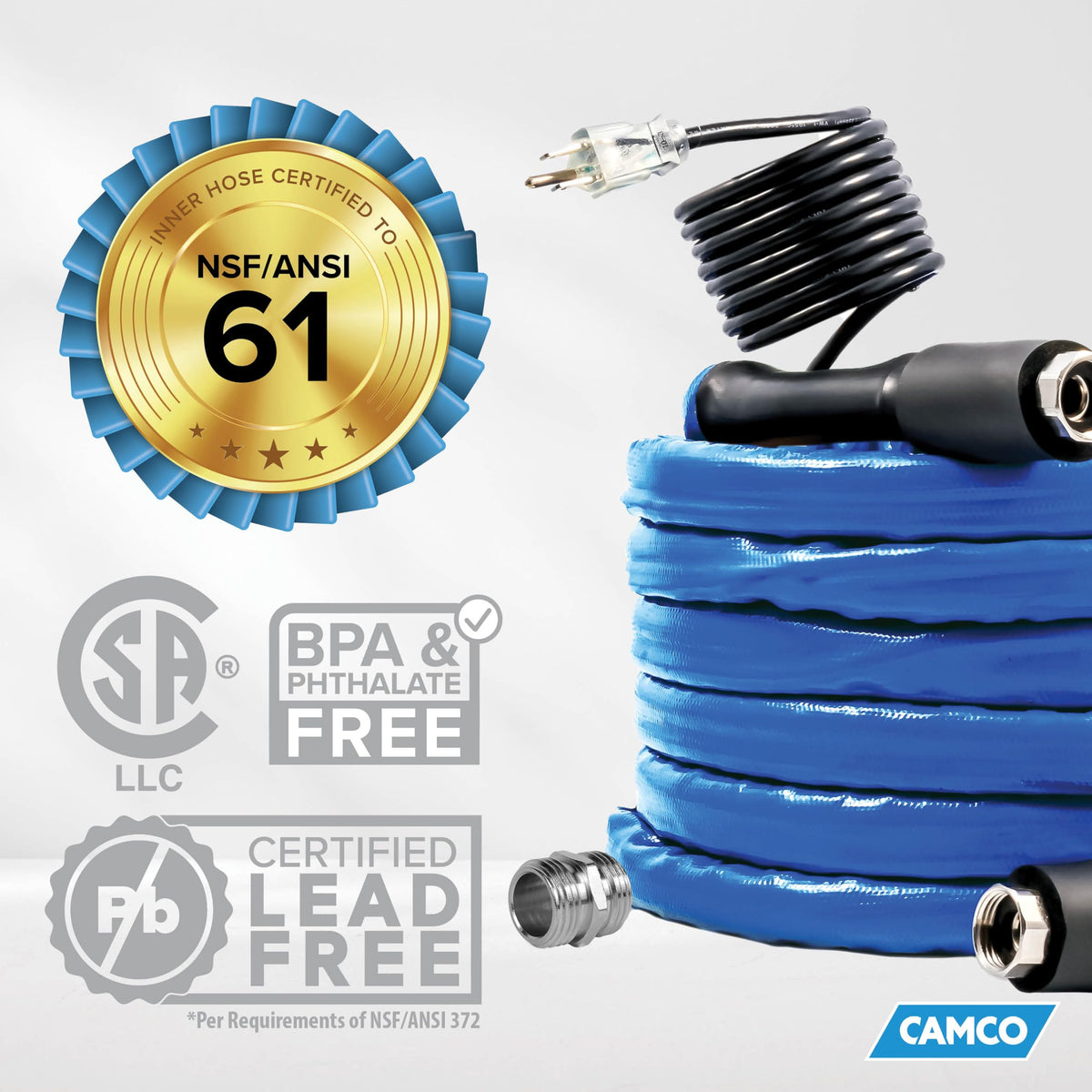 CAMCO 22922 Camco 25-Foot Heated Drinking Water Hose | Features Water Line Freeze Protection Down to -40°F/C & Energy-Saving Thermostat | Includes Adapter for Connection to Either End of Hose (22922)