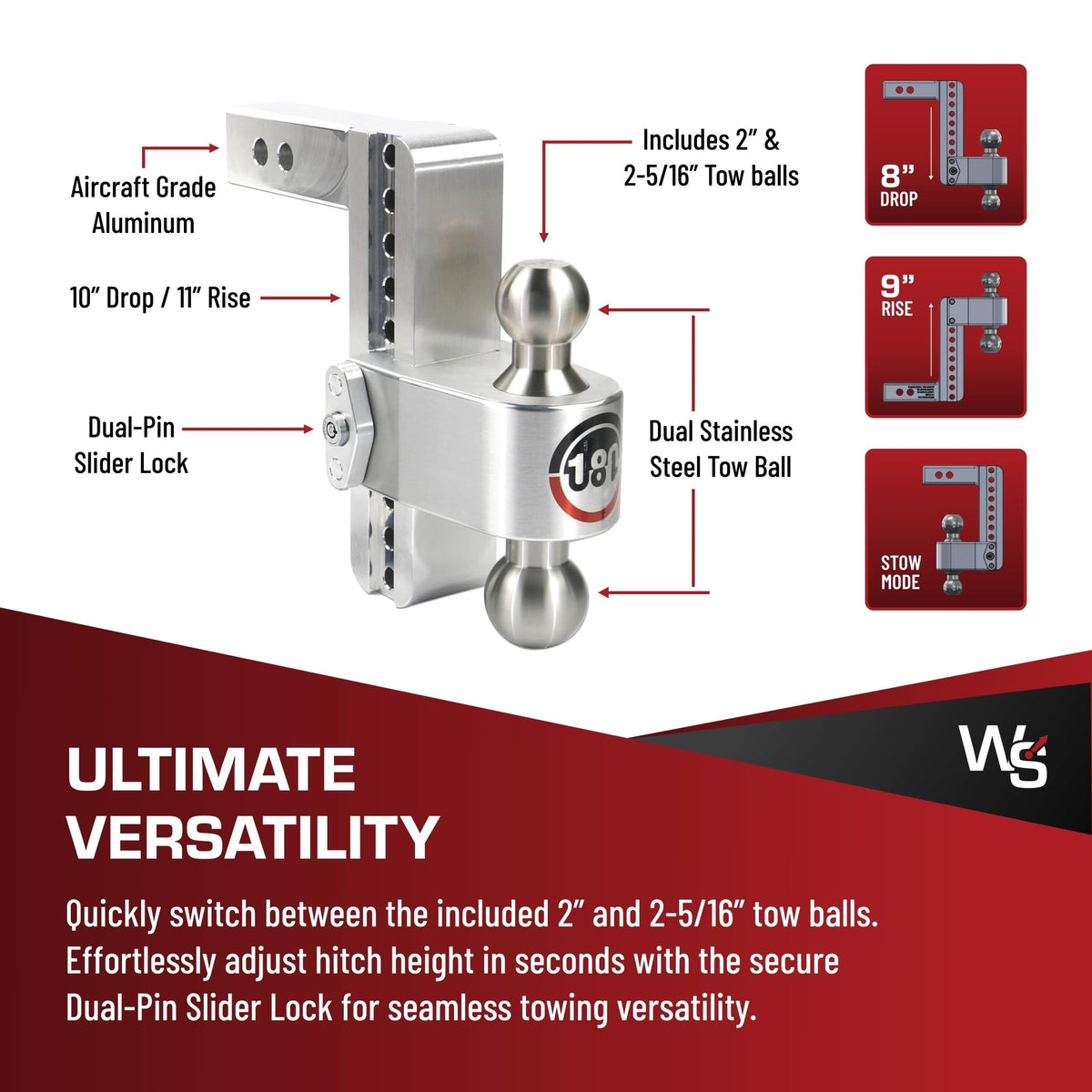 WEIGH SAFE LTB8-2-KA Weigh Safe Adjustable Trailer Hitch Ball Mount, 8" Adjustable Drop Hitch for 2" Receiver w/ 2 pc Keyed Alike Lock Set, Heavy Duty Aluminum Trailer Tow Hitch w/Stainless Steel Tow Balls, 12,500 lbs GTW