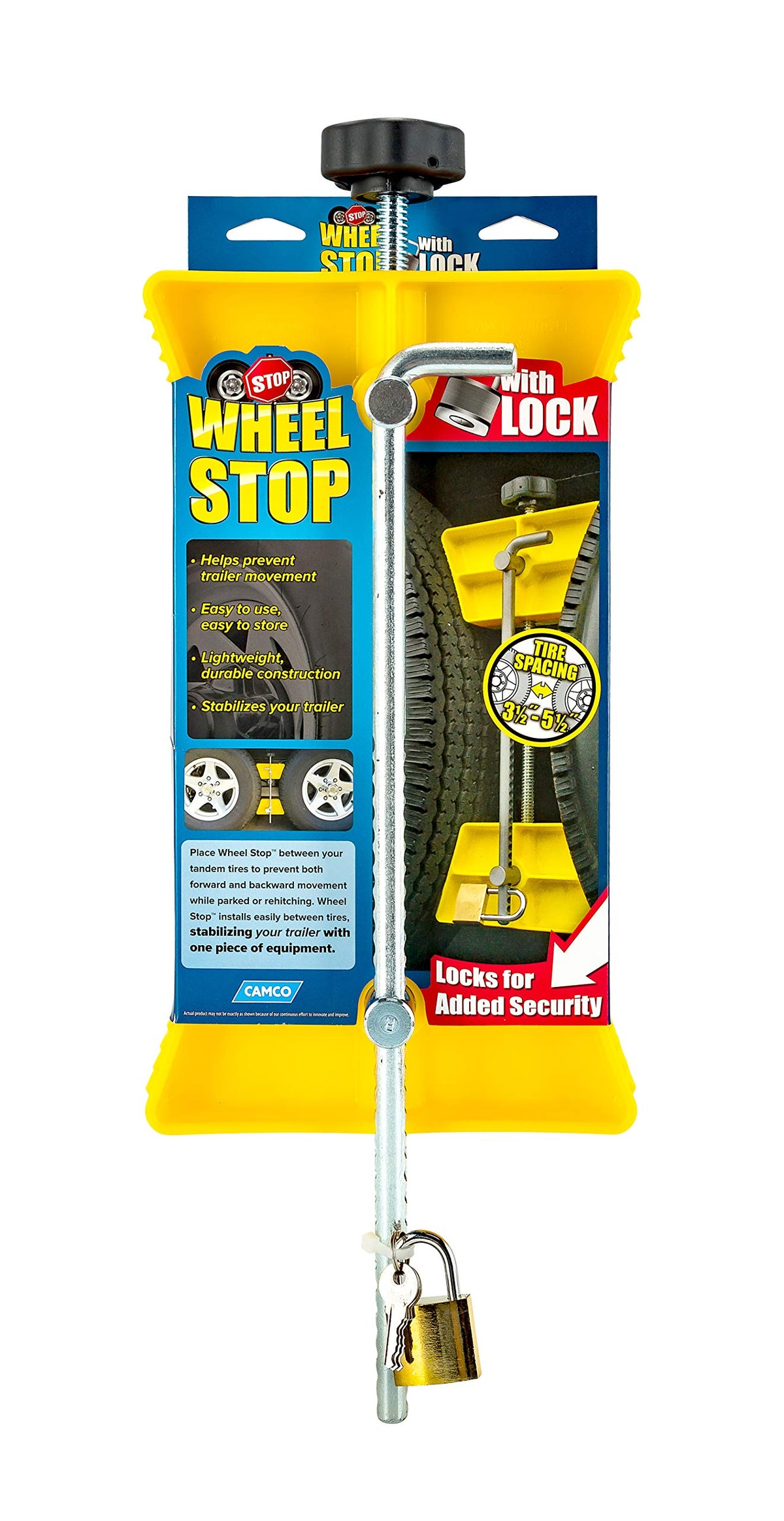 CAMCO 44642 Camco RV Wheel Chock Stabilizer w/Padlock - Stabilizes Your Trailer or Camper by Securing Tandem Tires to Prevent Movement While Parked - Compatible w/ 26" to 30" Tires - Large RV Wheel Stop (44642)