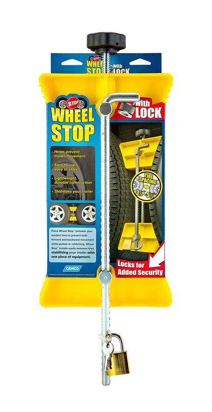 CAMCO 44642 Camco RV Wheel Chock Stabilizer w/Padlock - Stabilizes Your Trailer or Camper by Securing Tandem Tires to Prevent Movement While Parked - Compatible w/ 26" to 30" Tires - Large RV Wheel Stop (44642)