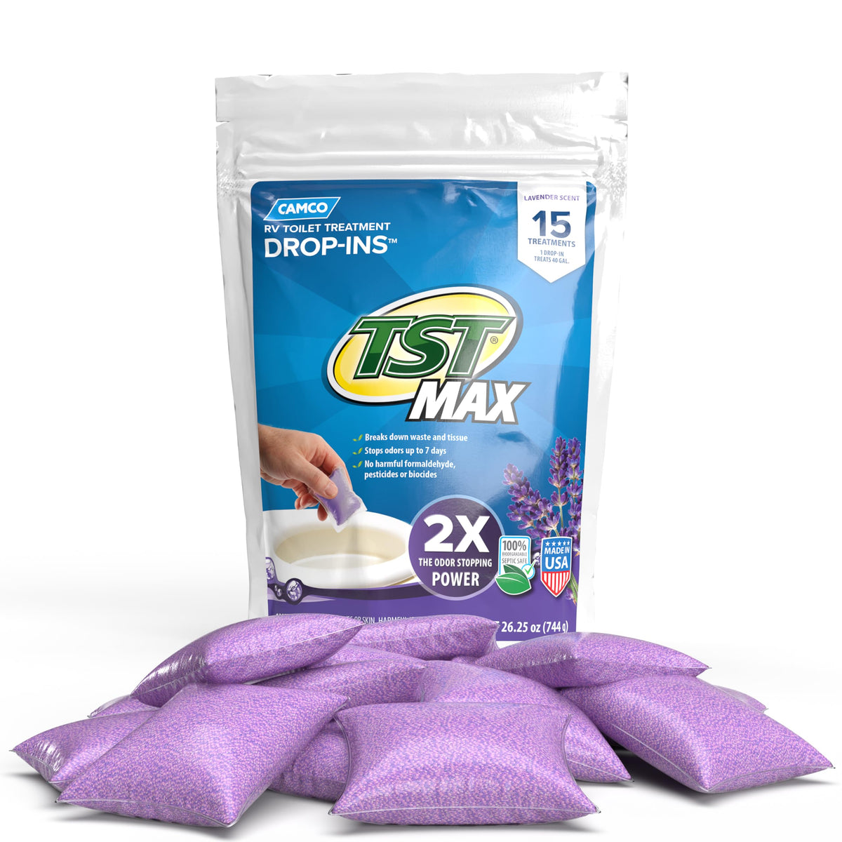 CAMCO 41559 Camco TST MAX RV Toilet Treatment Drop-INs - Control Unwanted Odors and Break Down Waste and Tissue - Septic Tank Safe - Lavender Scent - 15-pack (41559)