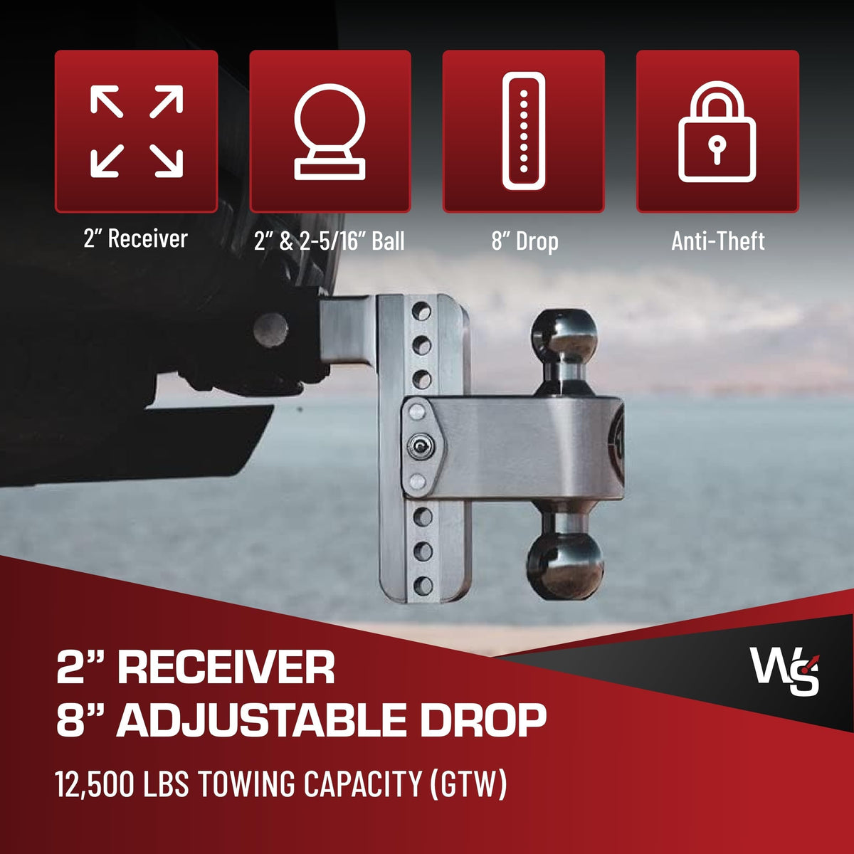 WEIGH SAFE CTB8-2 Weigh Safe 180 Hitch - Adjustable Trailer Hitch Ball Mount - 8" Adjustable Drop Hitch for 2" Receiver - Heavy Duty Aluminum Trailer Tow Hitch w/ Chrome Plated Tow Balls (2" & 2 5/16") - 12,500 GTW